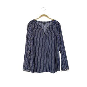 Talbots Split Neck Popover Blouse Black Blue Chevron Dot Stripe Womens Size L